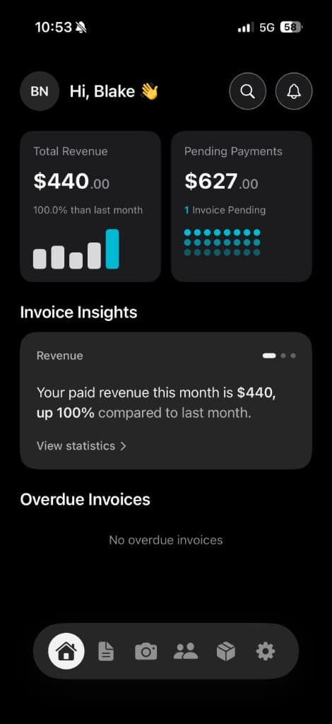 ezinv app dashboard showing revenue, pending payments, and invoice insights
