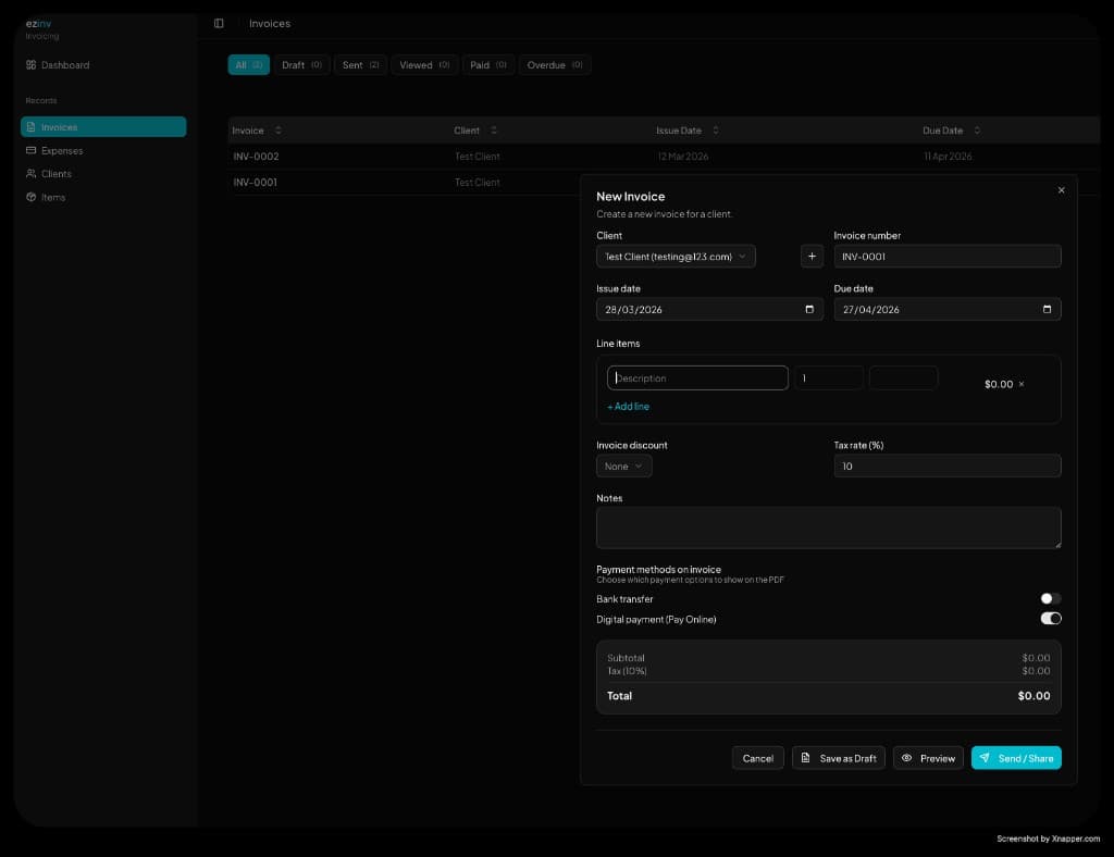 ezinv web app — Invoices list with New Invoice dialog